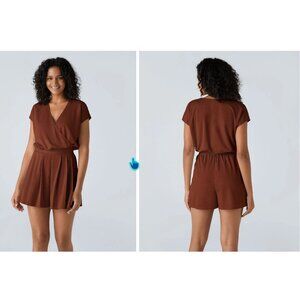 Halara Waffle Knit Romper With Pockets V-Neck Elastic Waist Short Sleeve Brown M